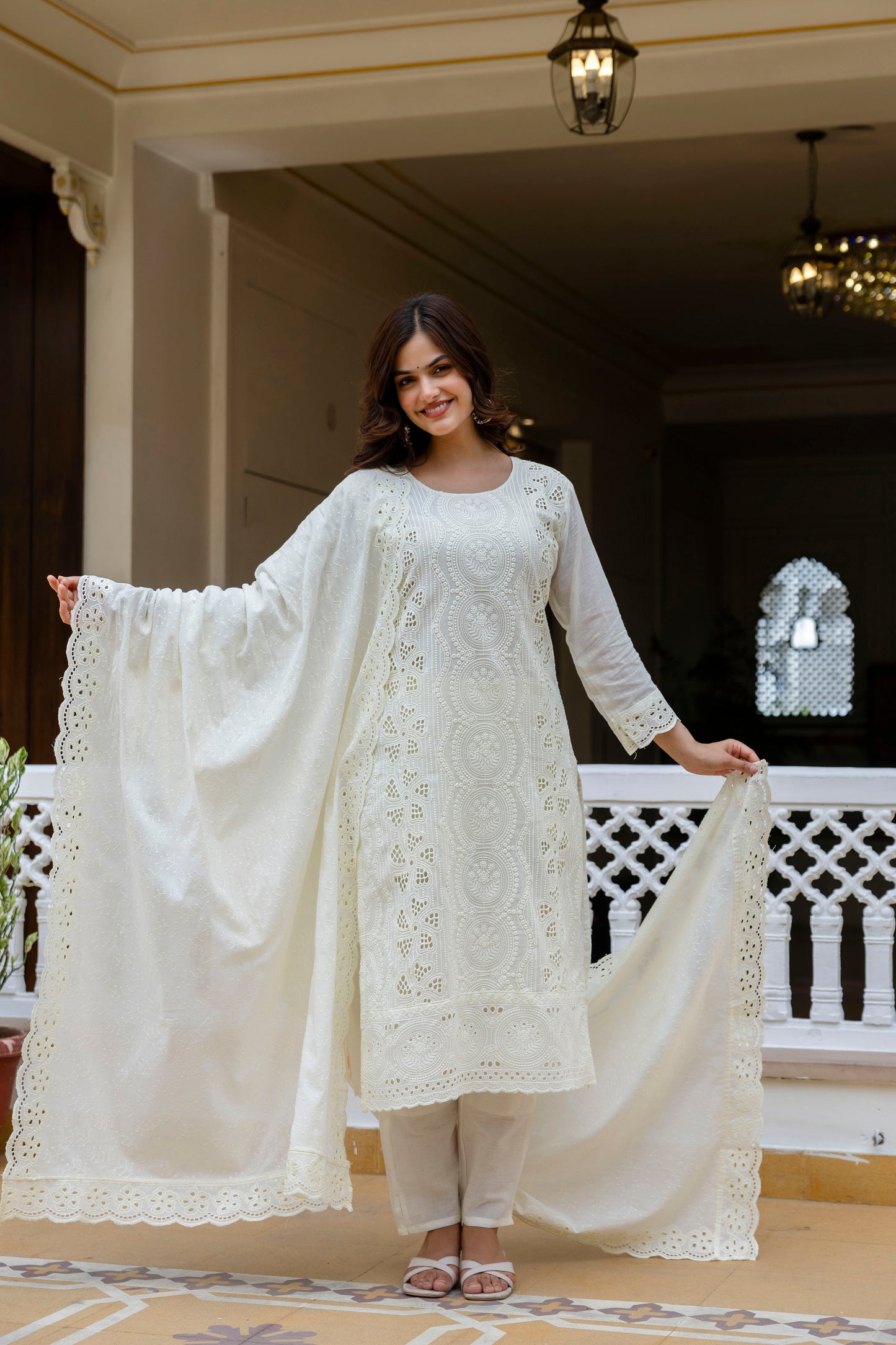Off-White Chikankari Embroidered Cotton Kurta Set with Scalloped Dupatta