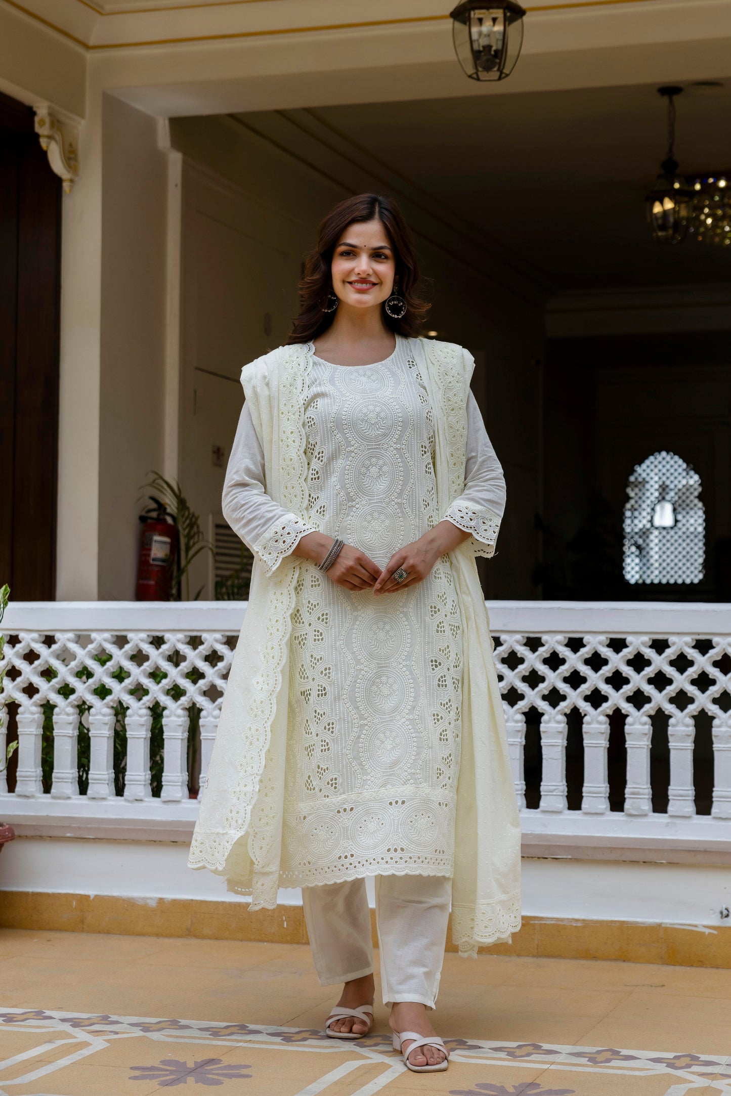Off-White Chikankari Embroidered Cotton Kurta Set with Scalloped Dupatta