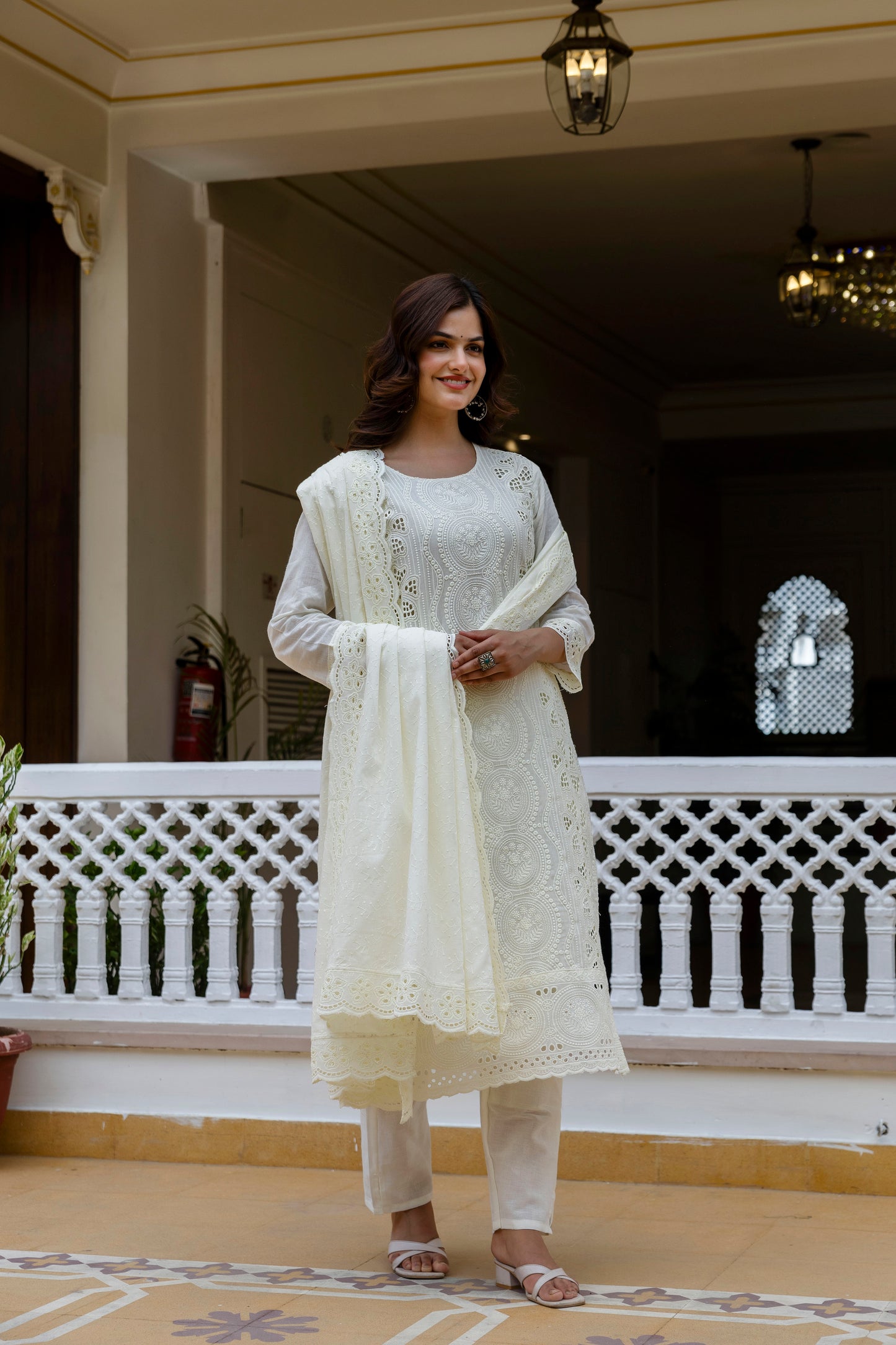 Off-White Chikankari Embroidered Cotton Kurta Set with Scalloped Dupatta