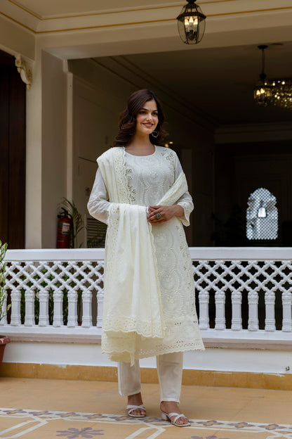 Off-White Chikankari Embroidered Cotton Kurta Set with Scalloped Dupatta