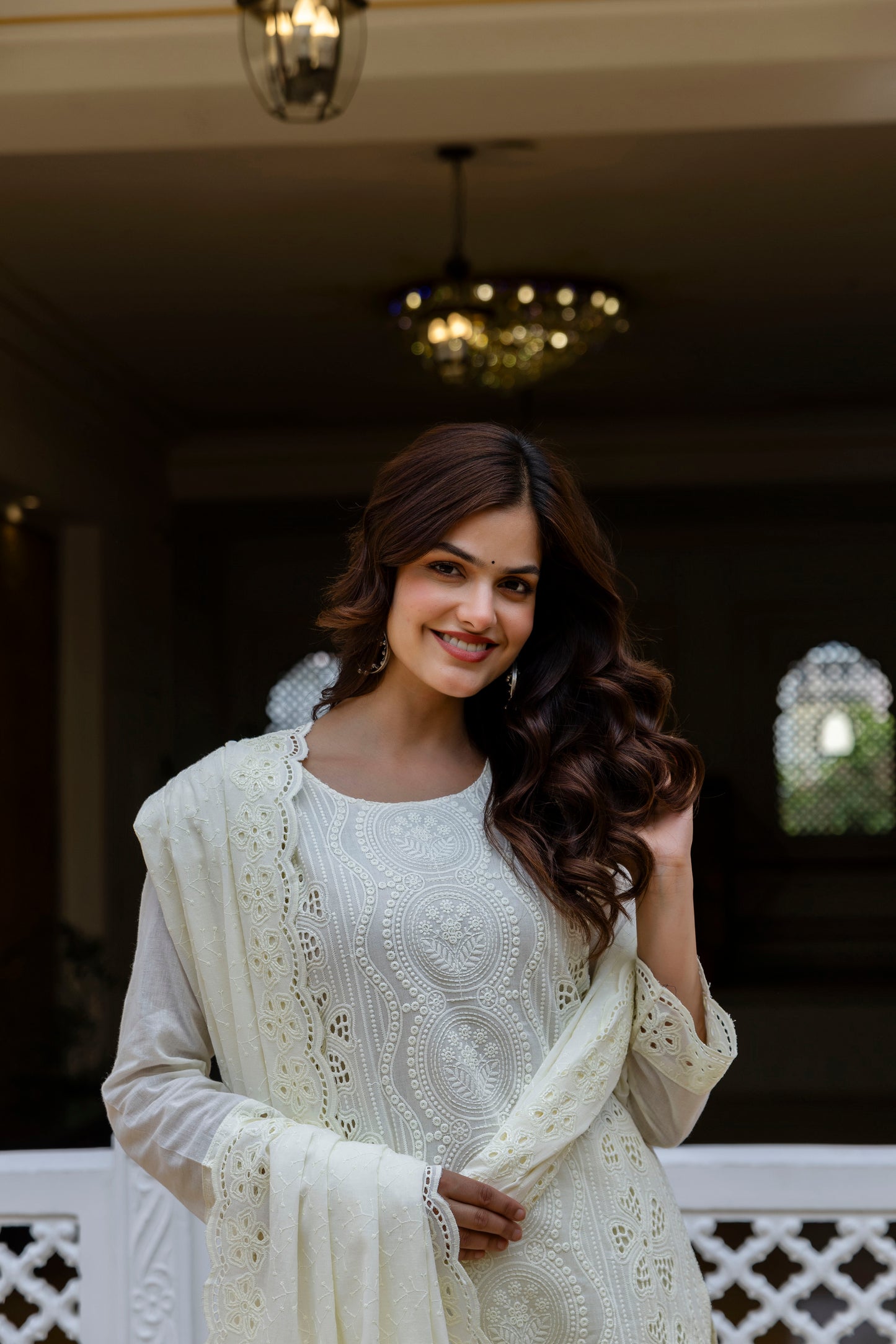 Off-White Chikankari Embroidered Cotton Kurta Set with Scalloped Dupatta