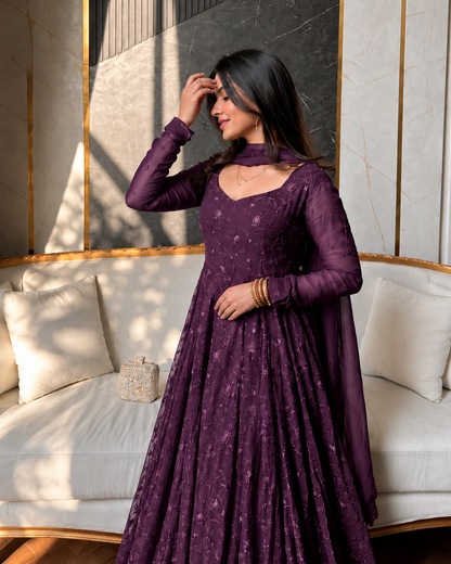 Enchanting Deep Purple Floral Embroidered Anarkali Gown set