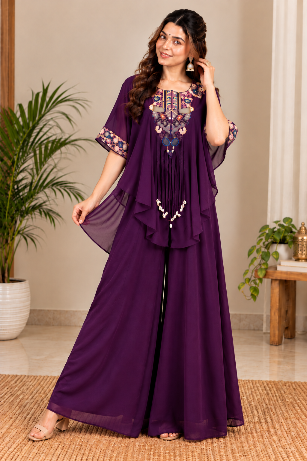 Deep Purple Embroidered Kaftan Palazzo Set