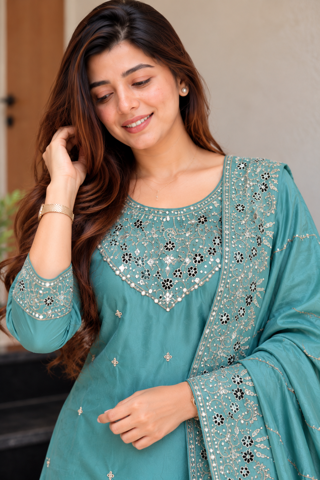 Beautiful Teal Blue Embroidered Suit Set with Dupatta