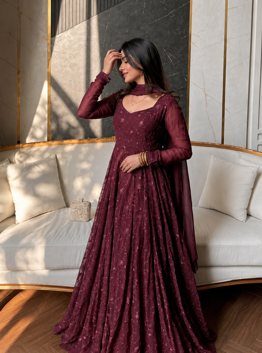 Royal Wine Floral Embroidered Anarkali Gown with Dupatta