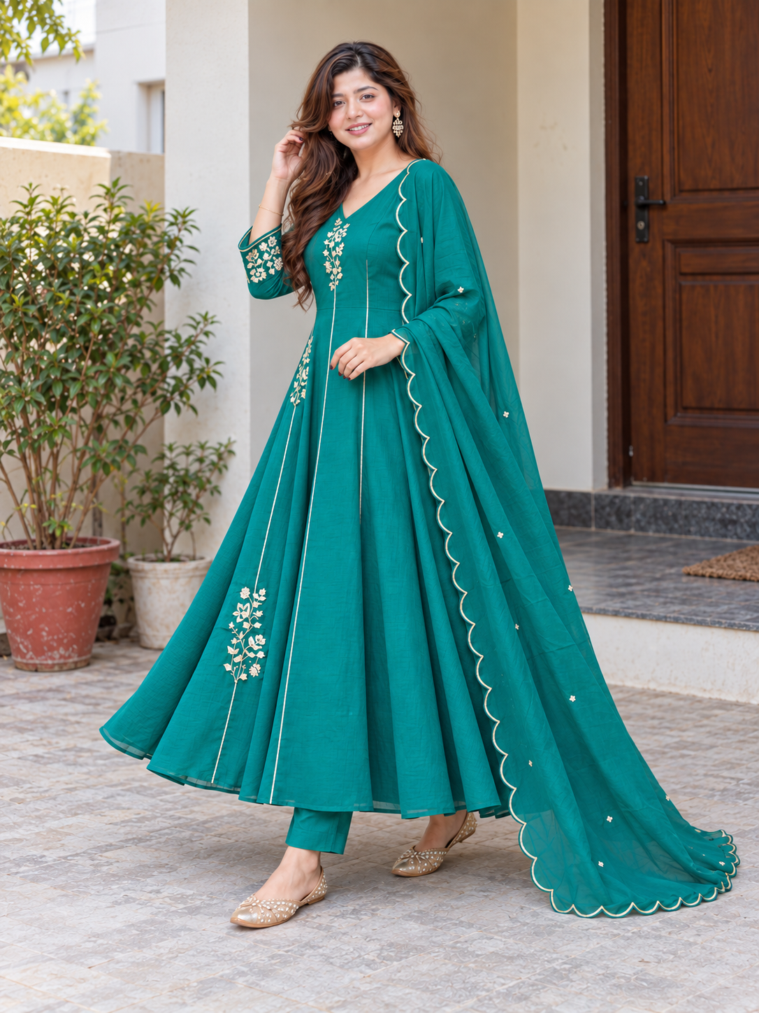 Elegant Teal Green Floral Embroidered Anarkali Suit Set