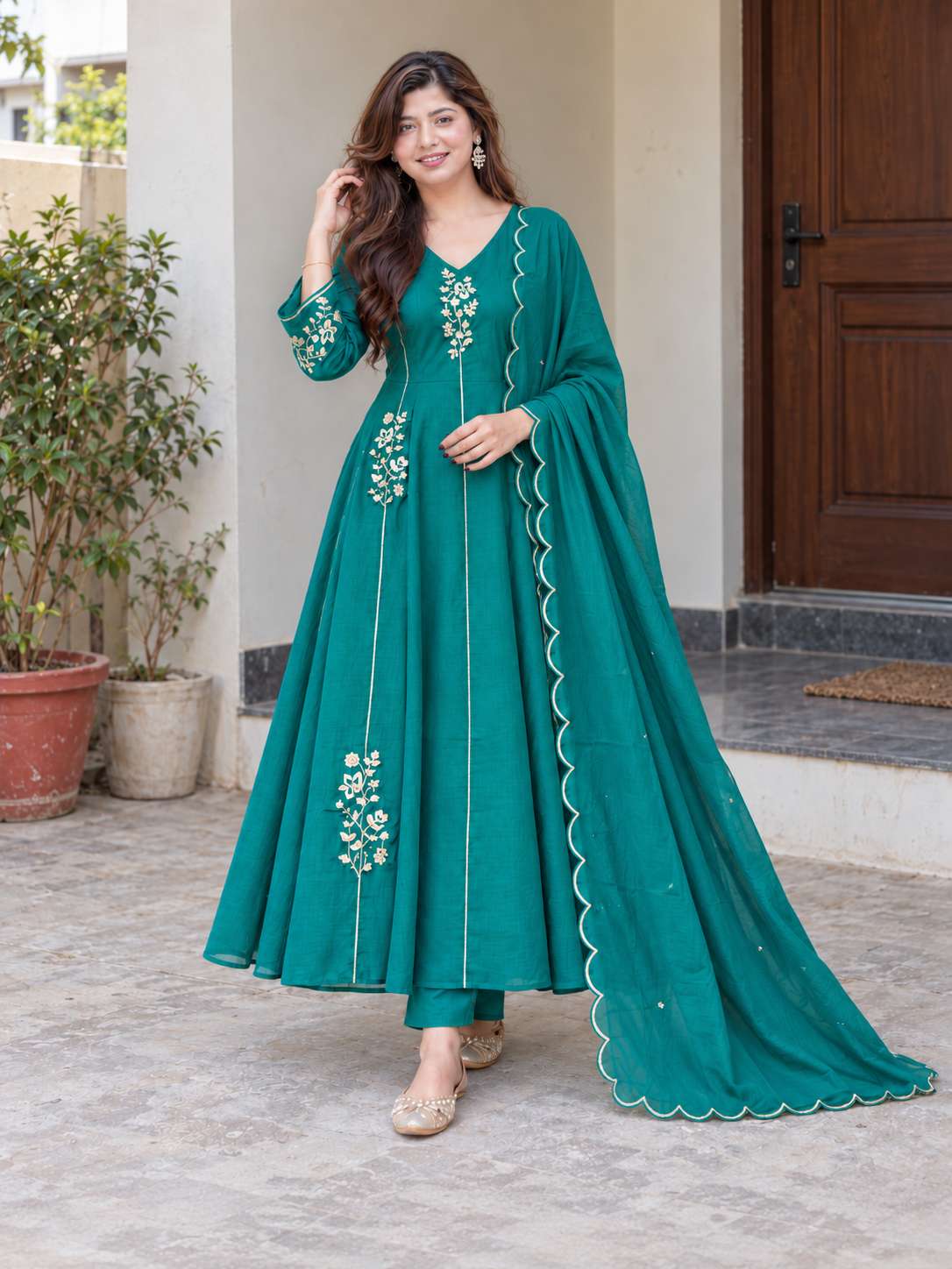 Elegant Teal Green Floral Embroidered Anarkali Suit Set