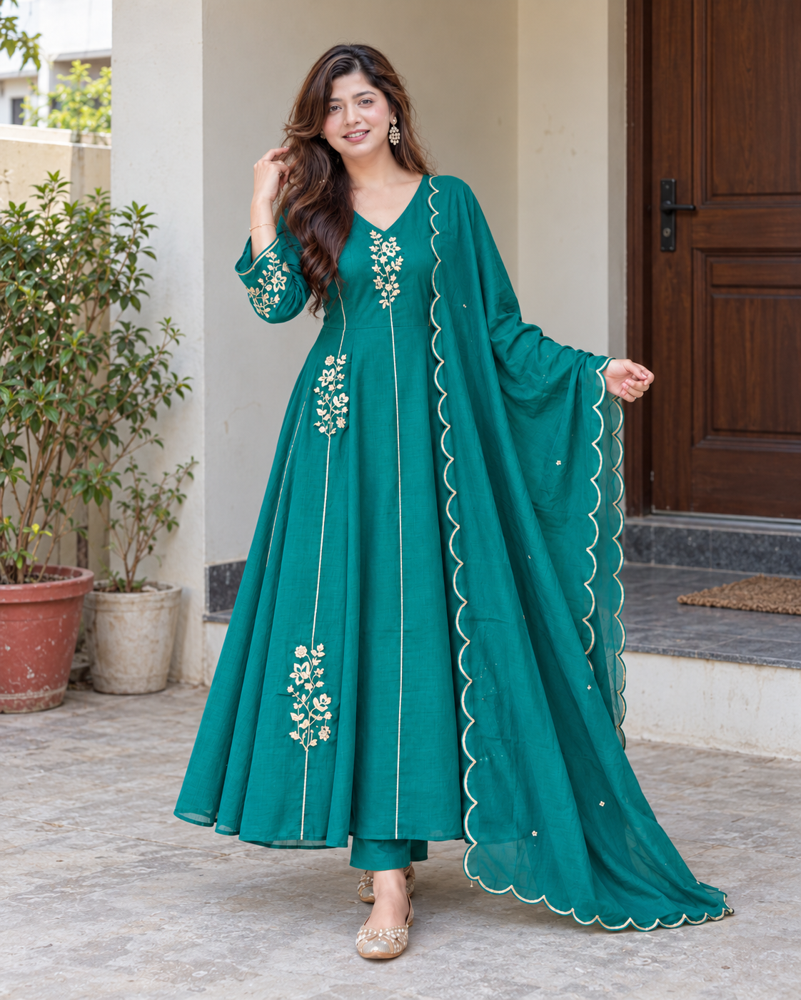 Elegant Teal Green Floral Embroidered Anarkali Suit Set