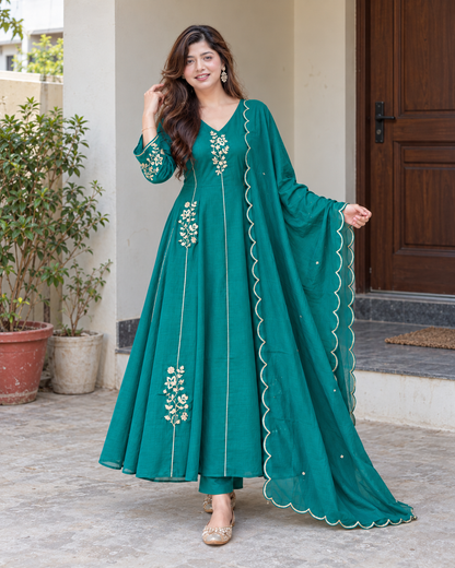 Elegant Teal Green Floral Embroidered Anarkali Suit Set