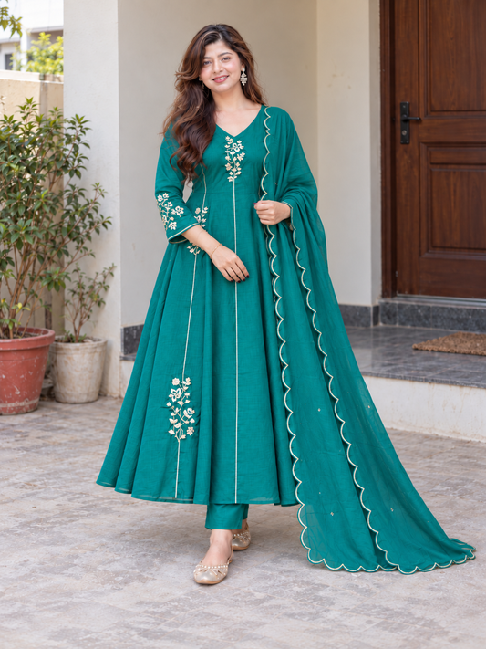 Elegant Teal Green Floral Embroidered Anarkali Suit Set