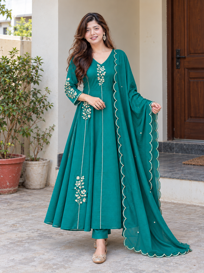 Elegant Teal Green Floral Embroidered Anarkali Suit Set