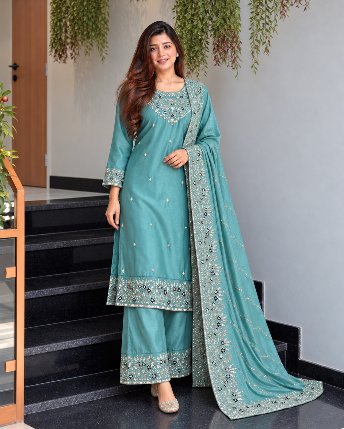 Beautiful Teal Blue Embroidered Suit Set with Dupatta