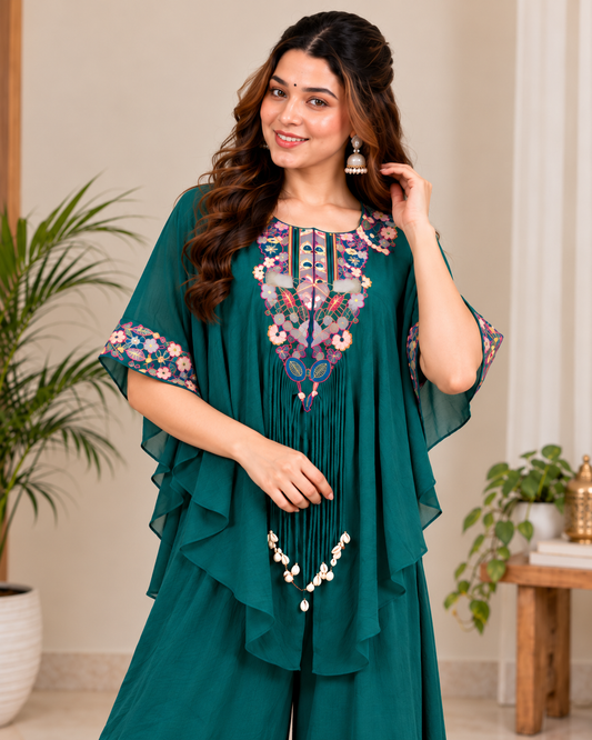 Graceful Deep Teal Green Embroidered Kaftan Palazzo Set