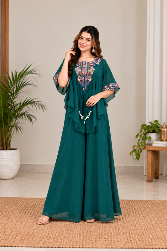 Graceful Deep Teal Green Embroidered Kaftan Palazzo Set