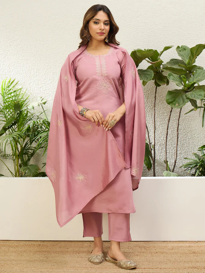 So Elegant Mauve Roman Silk Kurta Set with Intricate Floral Embroidery