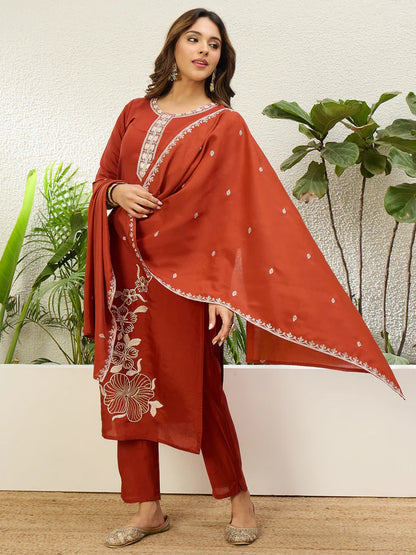 Beautiful Roman Silk Embroidery Straight Kurta Pant with Dupatta, 3pcs Suit