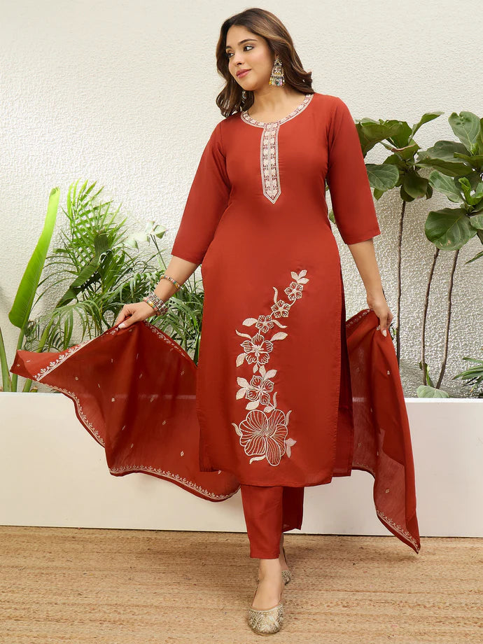 Beautiful Roman Silk Embroidery Straight Kurta Pant with Dupatta, 3pcs Suit