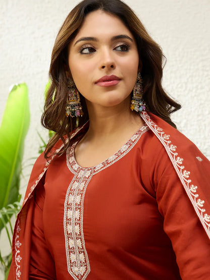 Beautiful Roman Silk Embroidery Straight Kurta Pant with Dupatta, 3pcs Suit