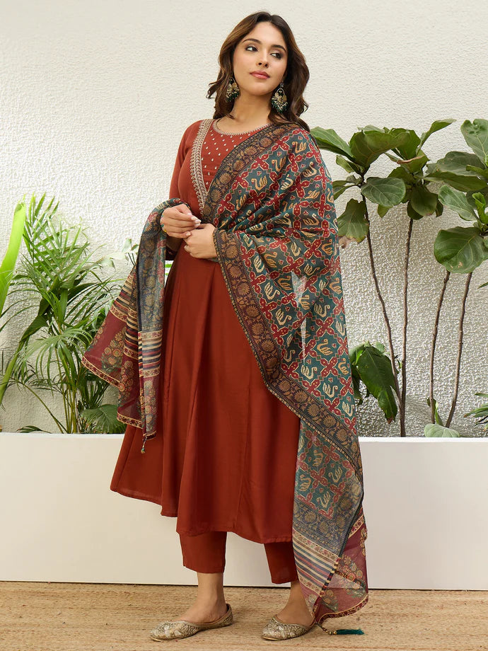 Charming Rust Jio Cotton Kurta Set with Designer Dupatta