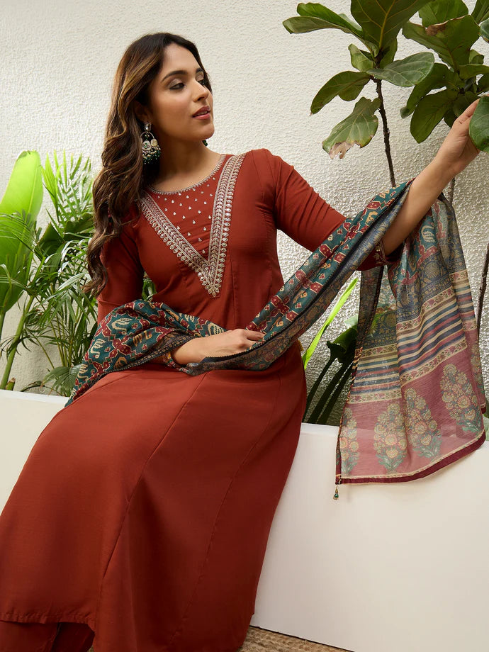 Charming Rust Jio Cotton Kurta Set with Designer Dupatta