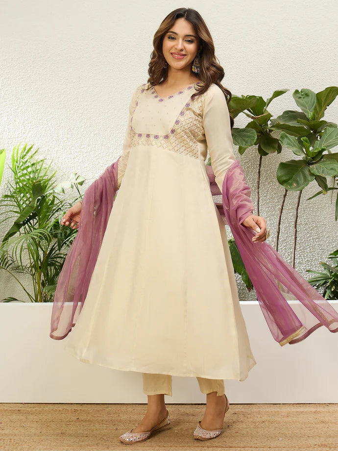 Lovely Beige Silk Blend Suit with Contrasting Dupatta