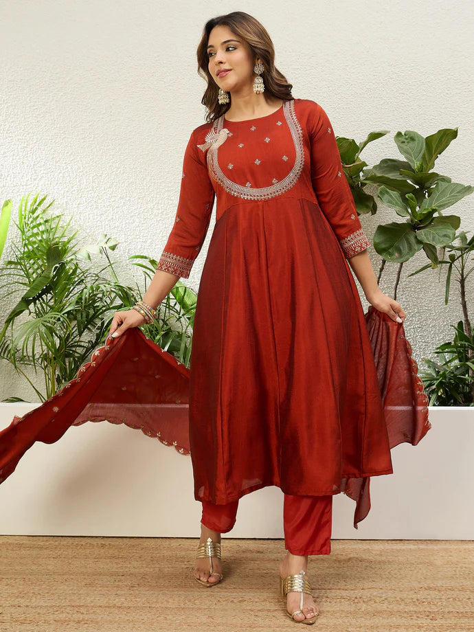 Graceful Rust Vichitra Silk Outfit with Embroidered Dupatta