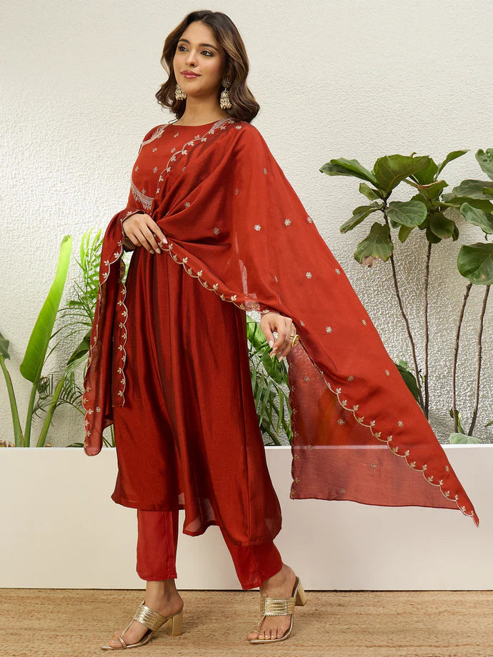 Graceful Rust Vichitra Silk Outfit with Embroidered Dupatta