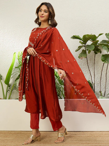 Graceful Rust Vichitra Silk Outfit with Embroidered Dupatta