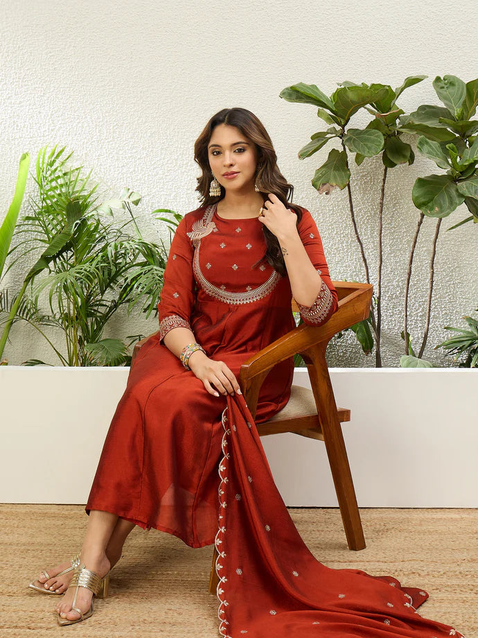 Graceful Rust Vichitra Silk Outfit with Embroidered Dupatta