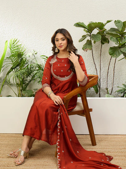 Graceful Rust Vichitra Silk Outfit with Embroidered Dupatta