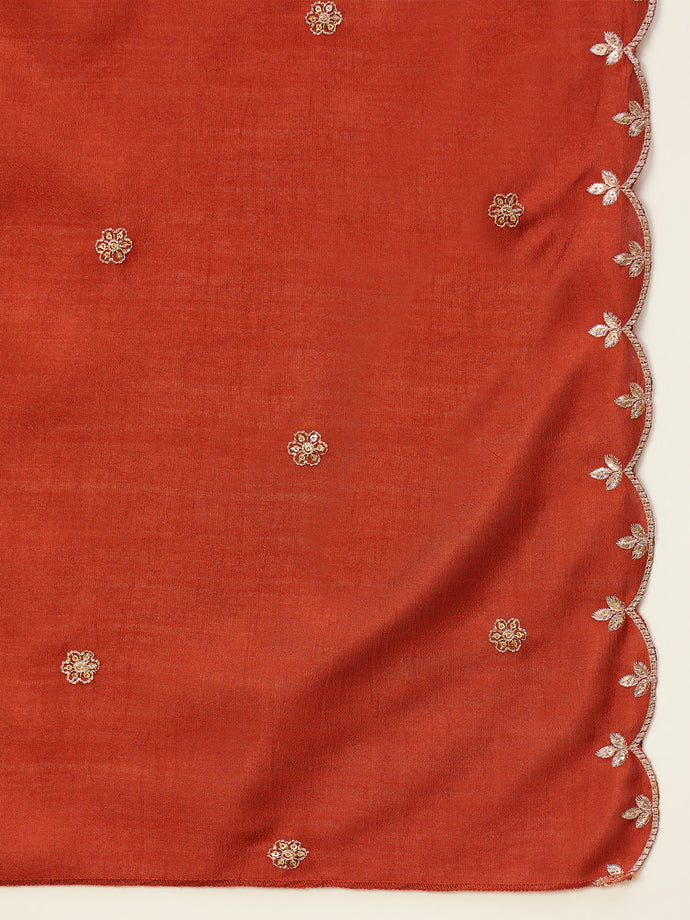 Graceful Rust Vichitra Silk Outfit with Embroidered Dupatta