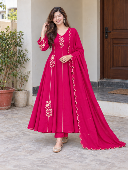 Beautiful Rani Pink Floral Embroidered Anarkali Suit Set