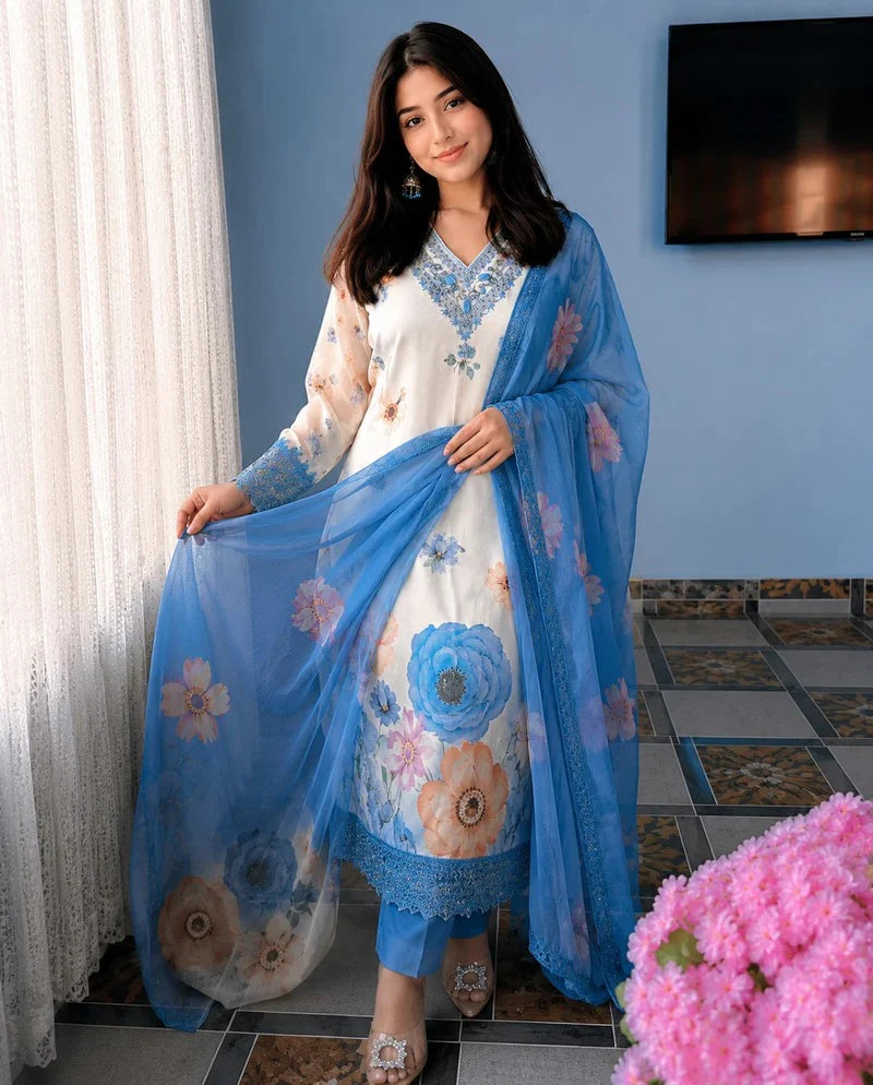 Elegant Soft Cotton Chiffon Designer 3 Piece Suit Set