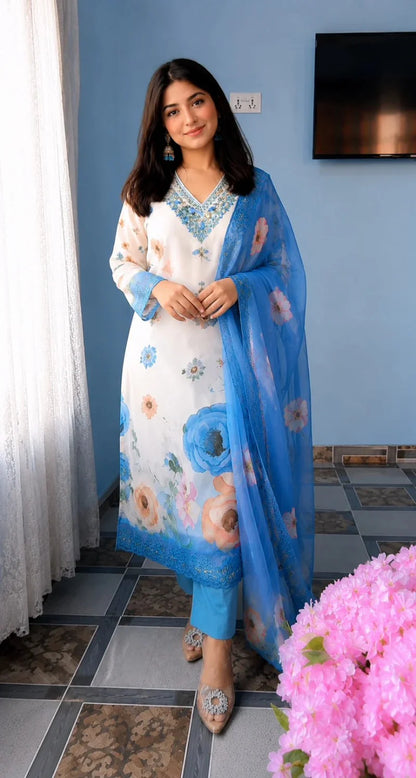 Elegant Soft Cotton Chiffon Designer 3 Piece Suit Set
