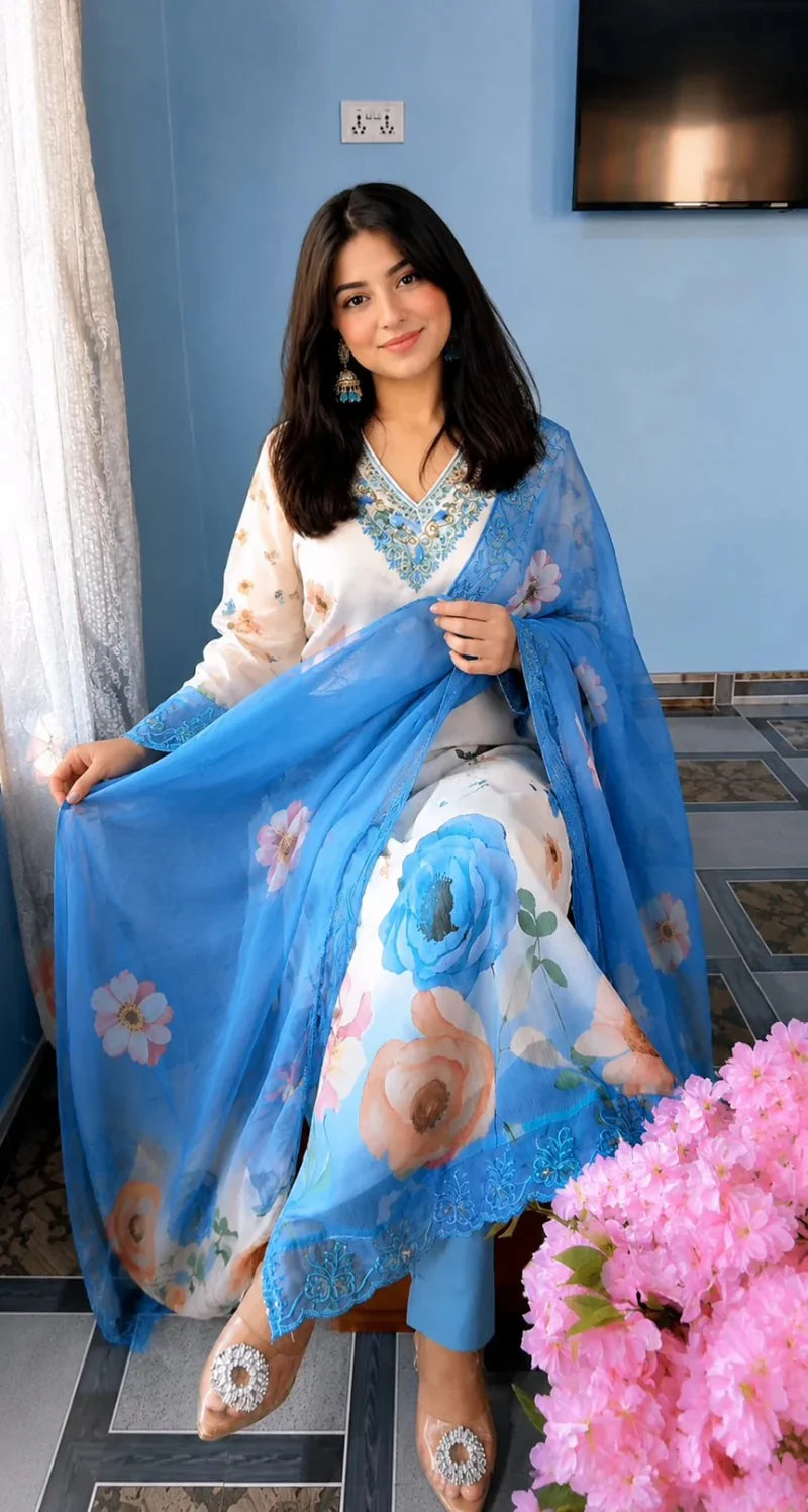 Elegant Soft Cotton Chiffon Designer 3 Piece Suit Set