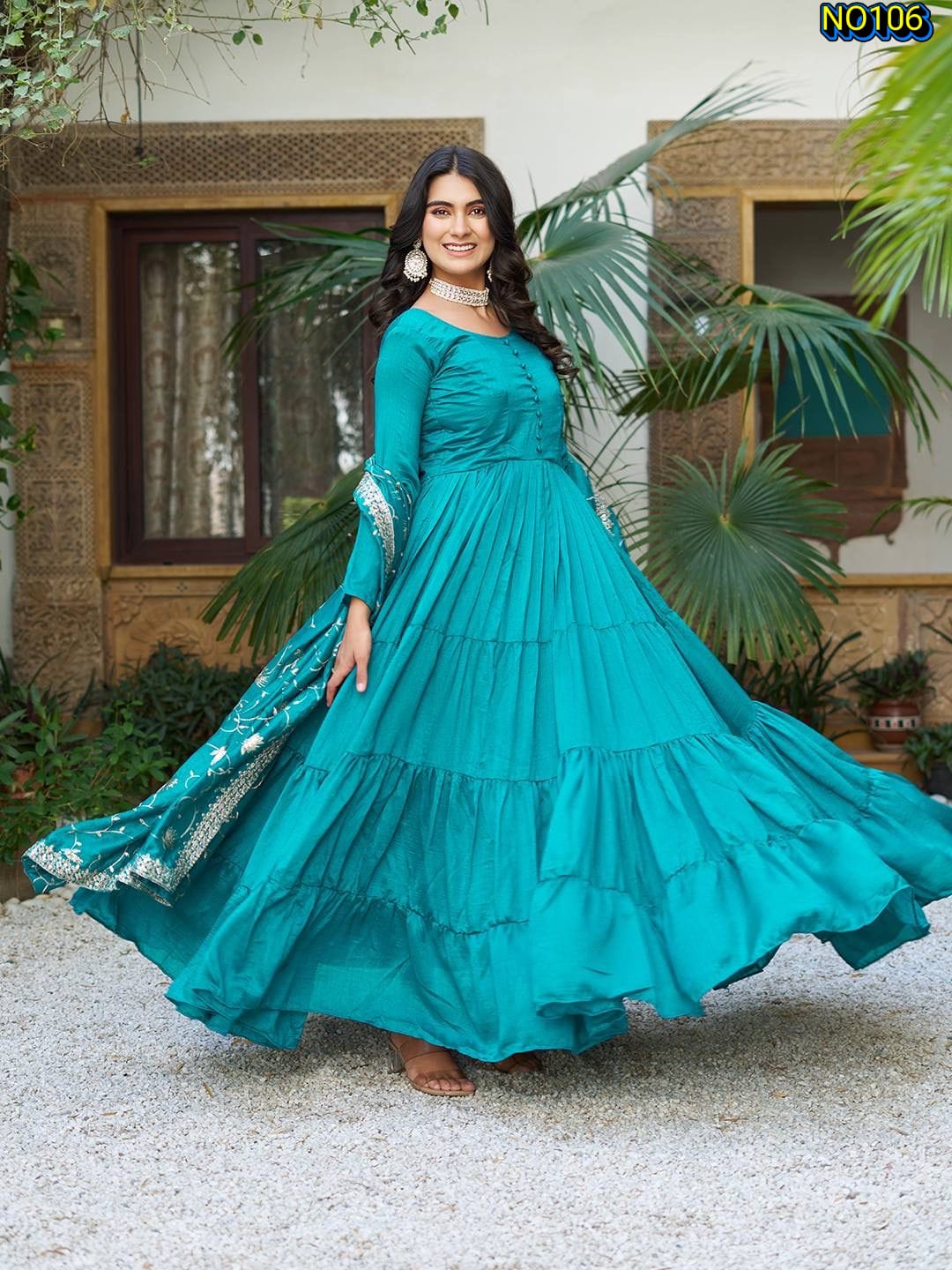 Beautiful Teal Blue Pure Vichitra Silk Tiered Gown with Embroidered Dupatta