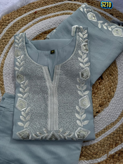 Classy Pastel Grey Roman silk Embroidered Kurta Set with Matching Dupatta