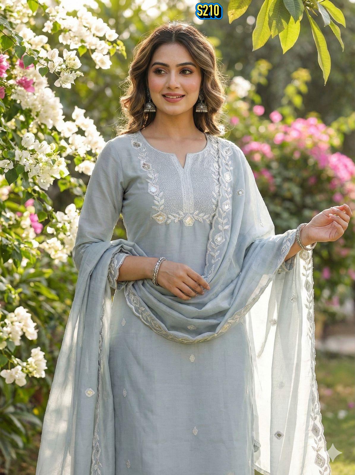 Classy Pastel Grey Roman silk Embroidered Kurta Set with Matching Dupatta