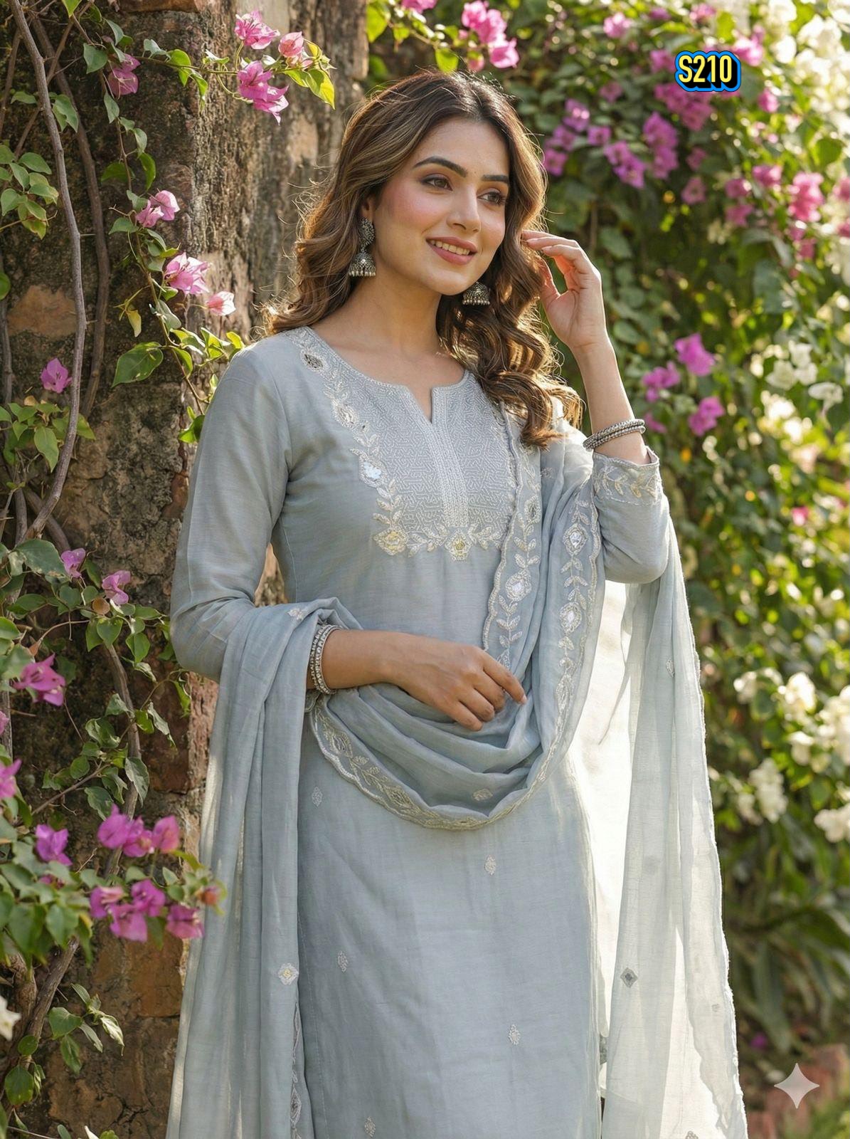 Classy Pastel Grey Roman silk Embroidered Kurta Set with Matching Dupatta