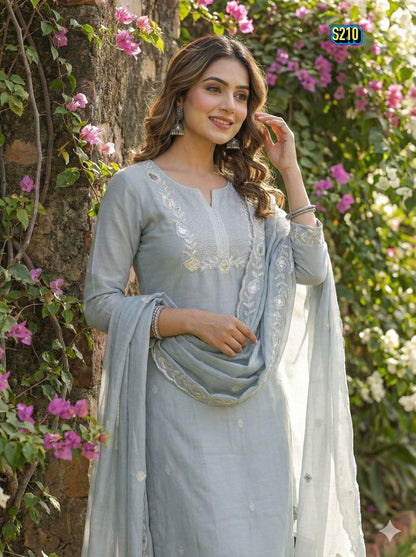 Classy Pastel Grey Roman silk Embroidered Kurta Set with Matching Dupatta