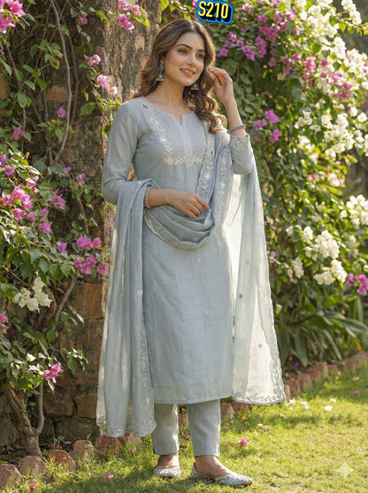 Classy Pastel Grey Roman silk Embroidered Kurta Set with Matching Dupatta