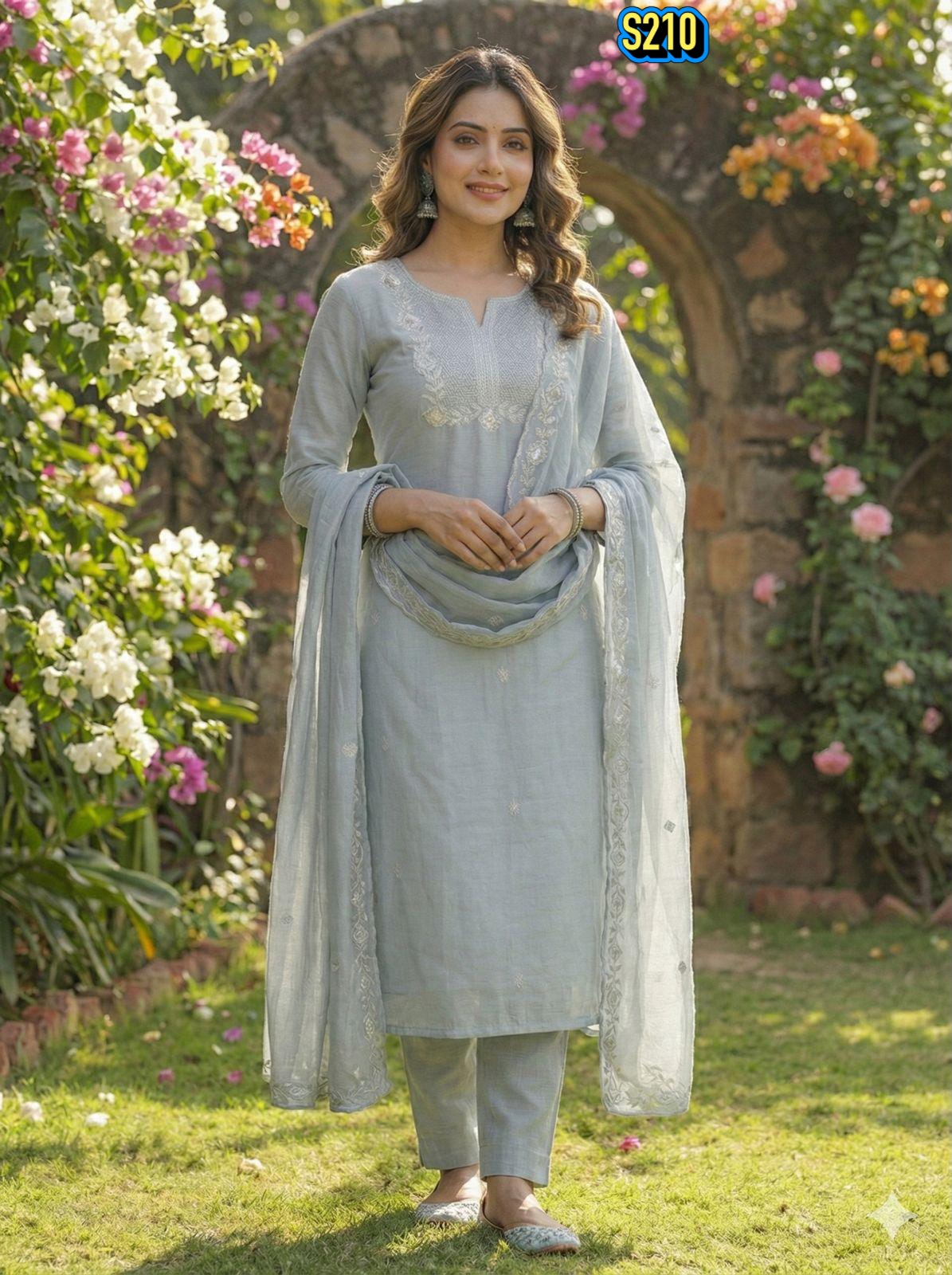 Classy Pastel Grey Roman silk Embroidered Kurta Set with Matching Dupatta