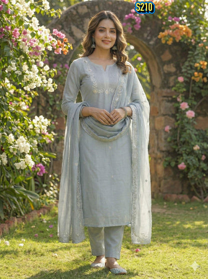 Classy Pastel Grey Roman silk Embroidered Kurta Set with Matching Dupatta