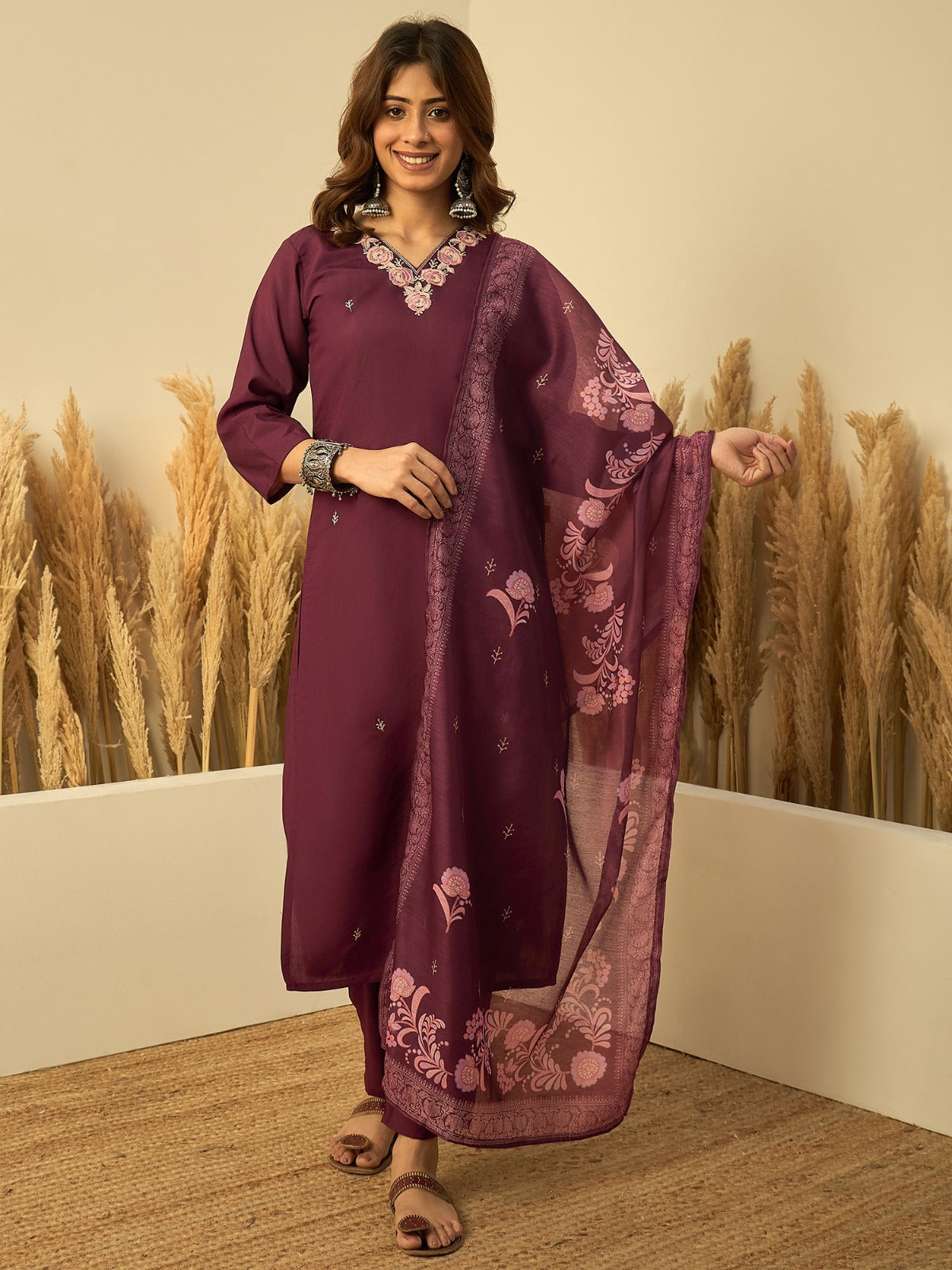 Charvi Wine Women’s Traditional Kurta Pant Set with Dupatta