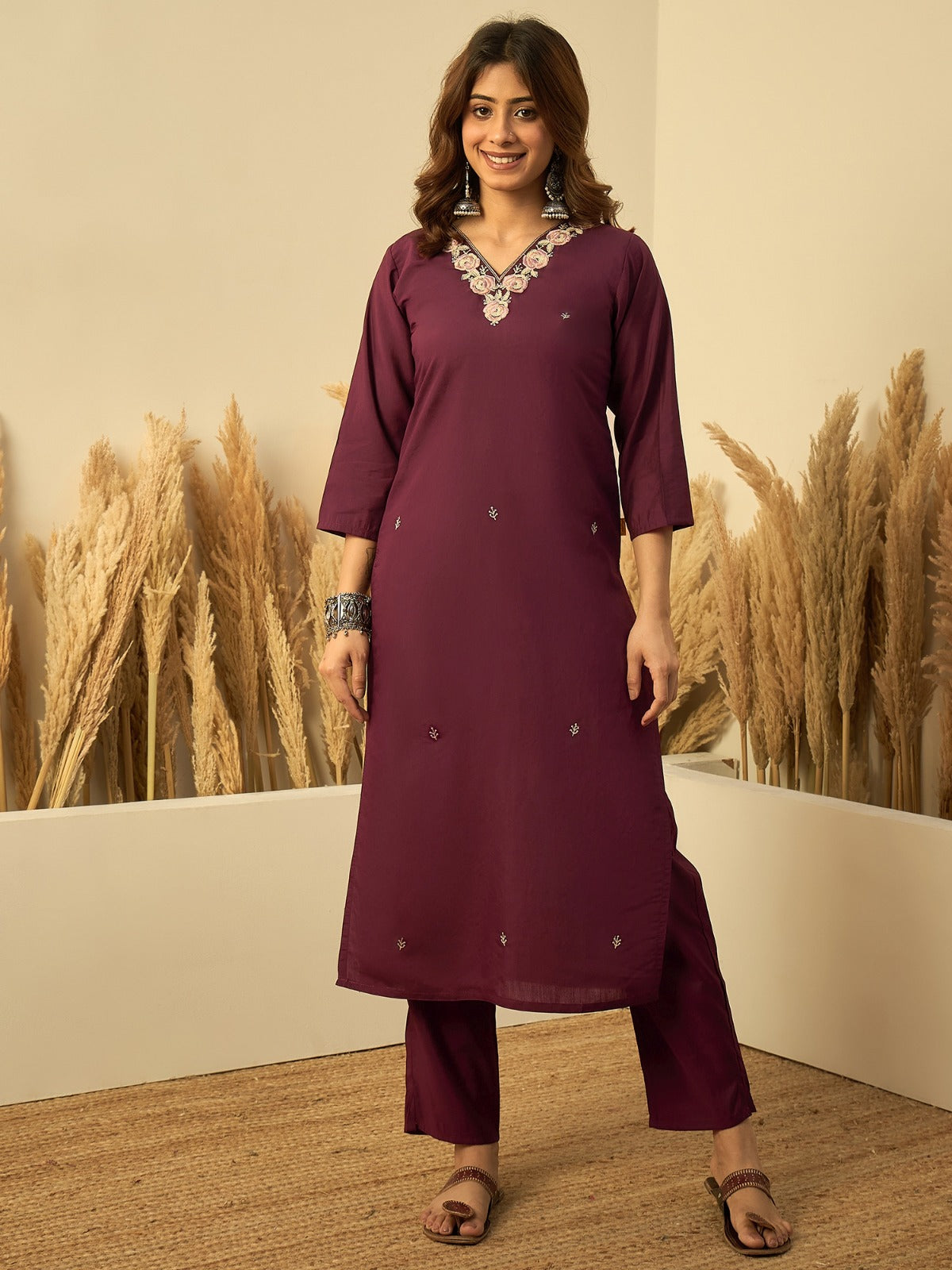 Charvi Wine Women’s Traditional Kurta Pant Set with Dupatta