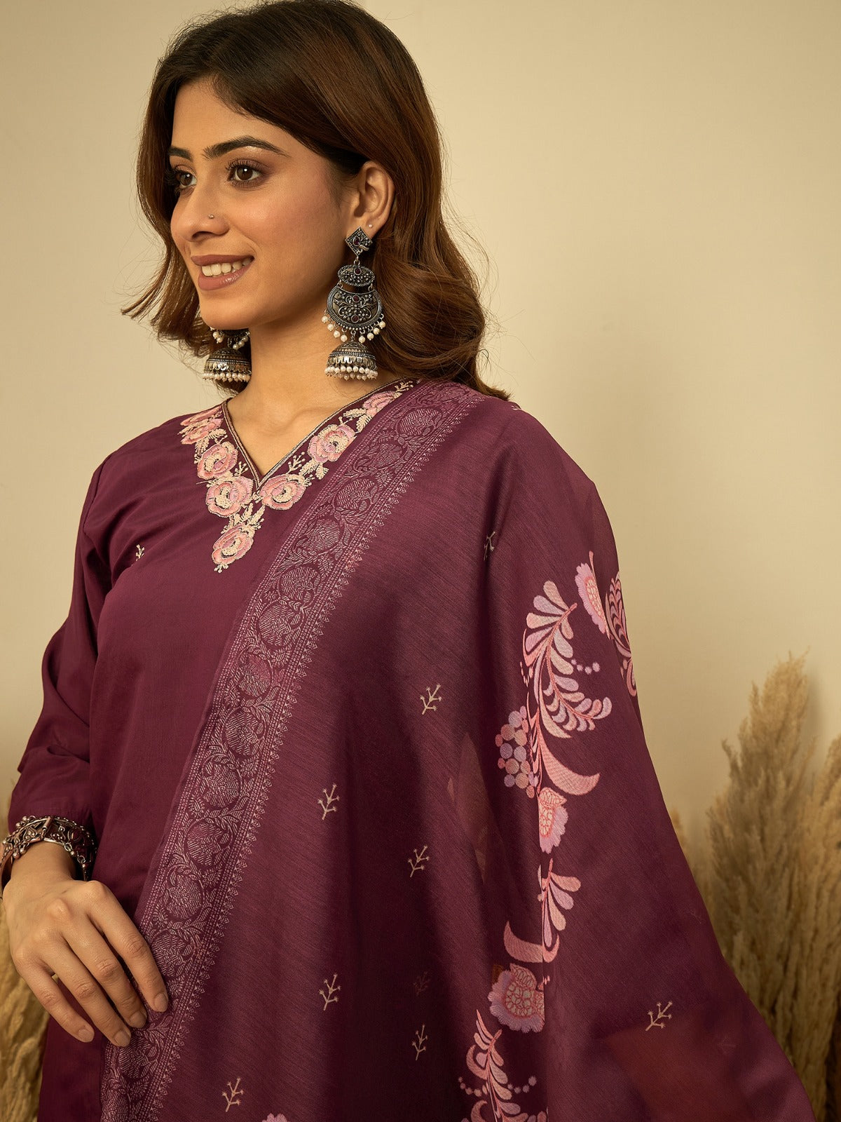 Charvi Wine Women’s Traditional Kurta Pant Set with Dupatta