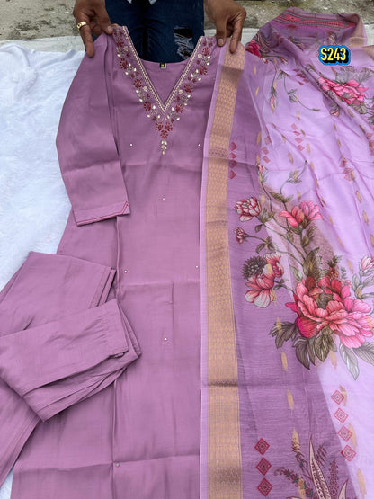 Trending Mauve Premium Roman Silk Kurta Set with Floral Organza Dupatta
