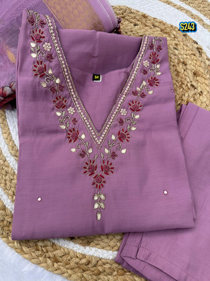 Trending Mauve Premium Roman Silk Kurta Set with Floral Organza Dupatta