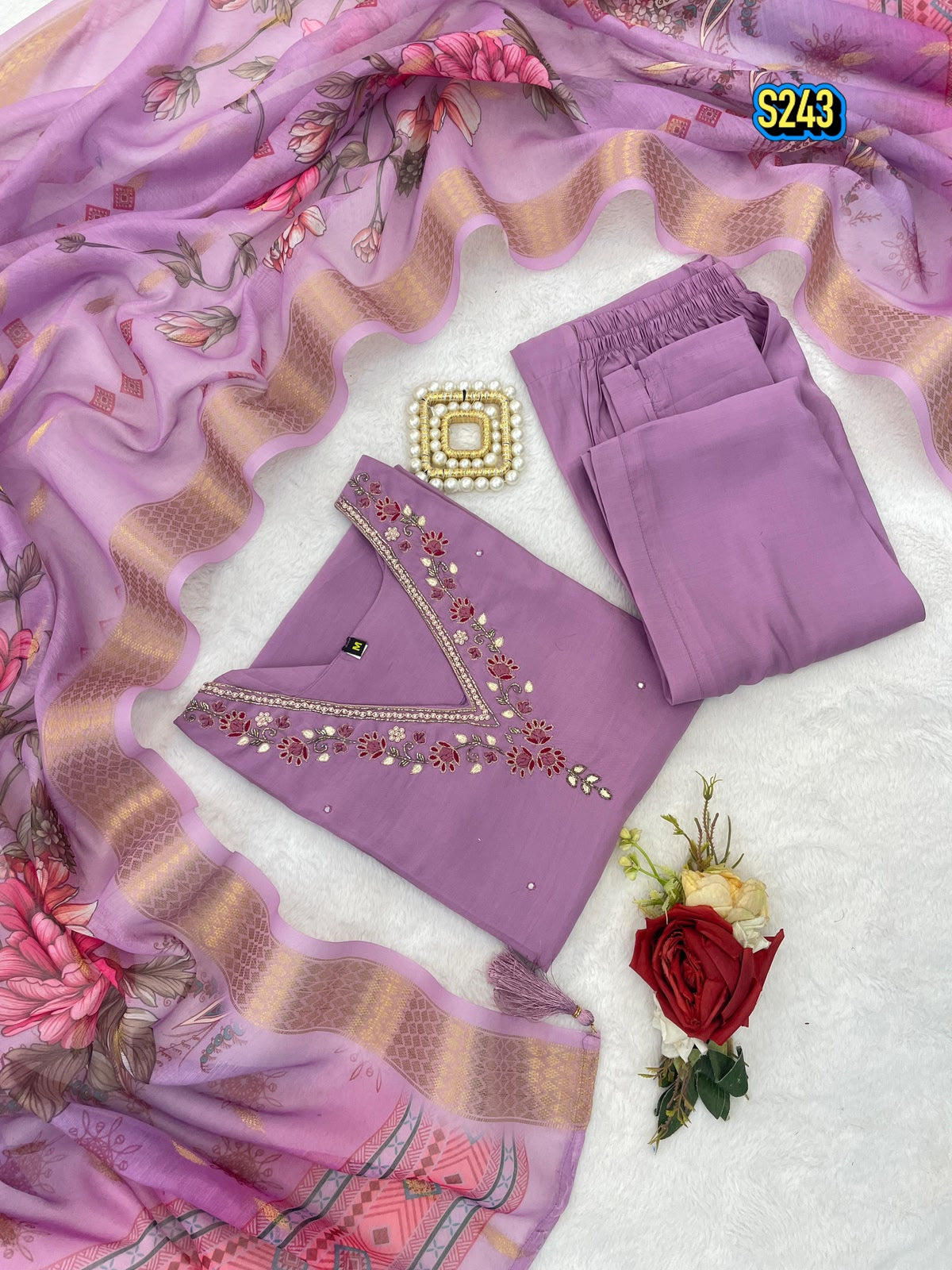 Trending Mauve Premium Roman Silk Kurta Set with Floral Organza Dupatta