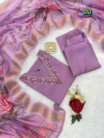 Trending Mauve Premium Roman Silk Kurta Set with Floral Organza Dupatta